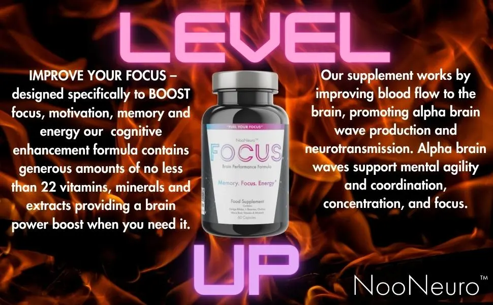 NooNeuro Focus Alpha Brain Cognitive Performance Supplement Enhance Brain and Memory Function Focus Energy and Mental Agility. Includes Ginkgo Biloba Guarana L-Theanine Choline Black Pepper 60 - focus limitless energy memory alpha brain supplement vitamin study work extract pill tablet