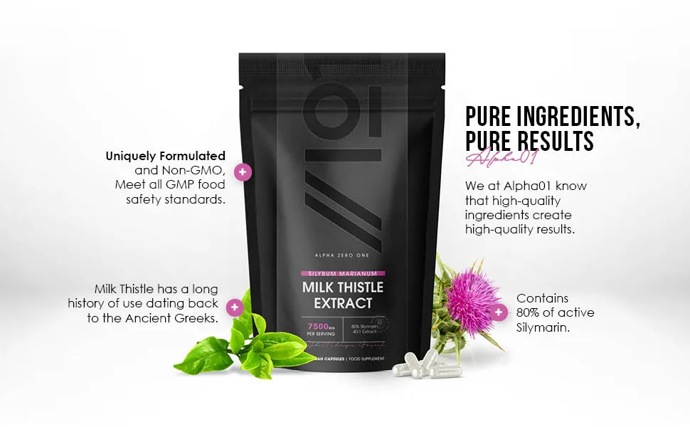 Milk Thistle Extract - 7 500mg per Capsule 80% Silymarin Content - Non GMO Gluten Free Halal - 120 Vegan Capsules 7500mg - Alpha01 Milk Thistle