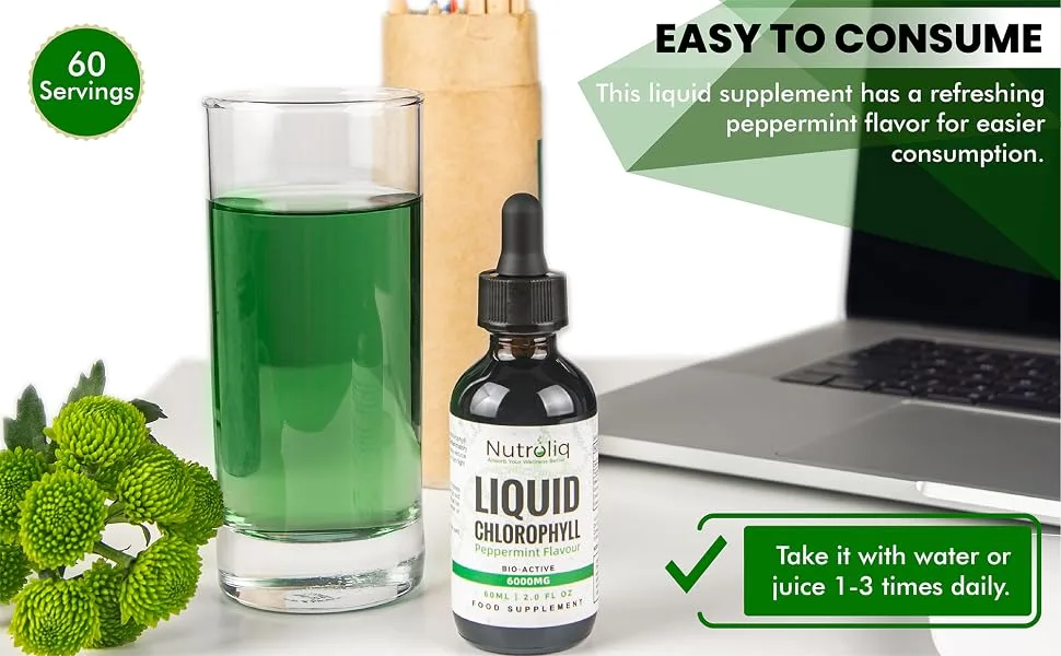 Nutroliq Liquid Chlorophyll Drops for Water - Herbal Extract Promoting Healthy Weight Management Immune System - Energy & Cleansing Support - Non-GMO Zero Sugar - 60ml Natural Peppermint Flavor - Chlorophyll