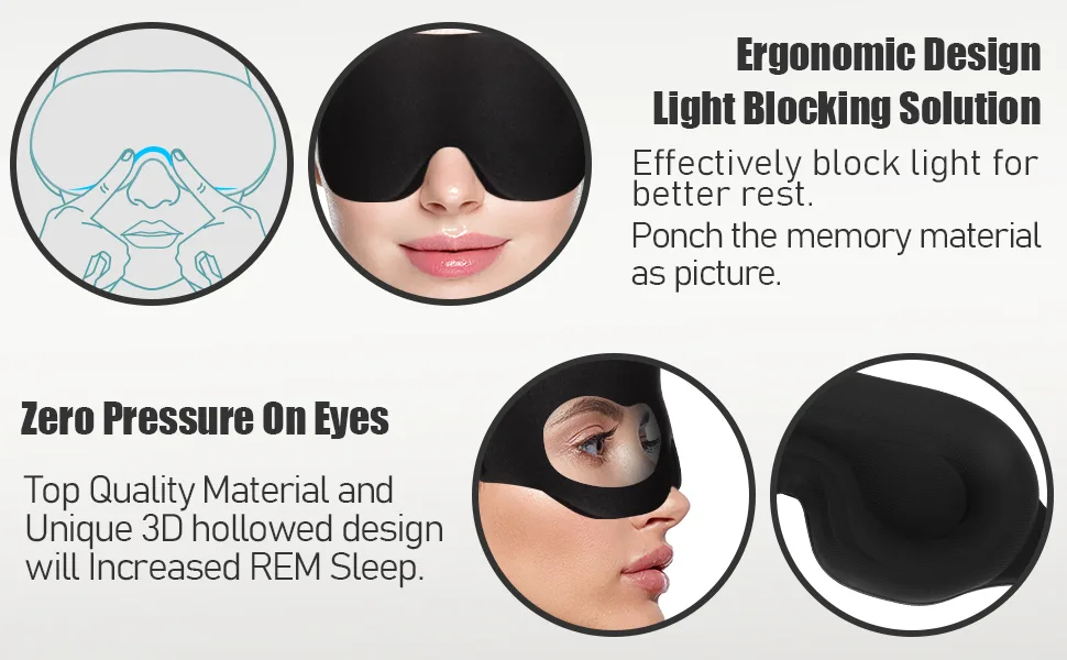 Sleep Eye Mask for Men Women Soft Slow Rebound 3D Contoured Cup Night Blindfold with Adjustable Strap Comfy Sleeping Eye Cover for Nap Travel (Black) - light blocking zero pressure on eye