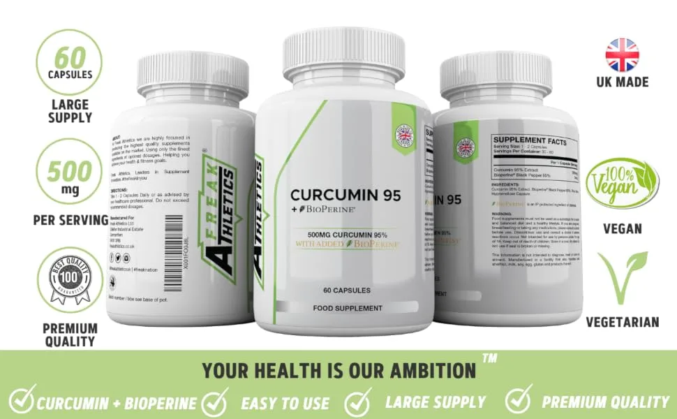 Curcumin 95 + Bioperine 60 Turmeric Curcumin Capsules High Strength with Black Pepper - Curcumin 95% & Black Pepper - Turmeric Curcumin UK Made  - Curcumin 95 Curcumin Capsules