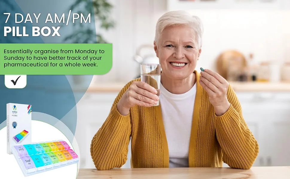 Viomicia Pill Box 7 Day 2 Times a Easy to Open Organiser with Push Button Pop Design Medicine Storage Large 14 Compartments Tablet Hold Vitamins and Medication - 7 Day AM PM