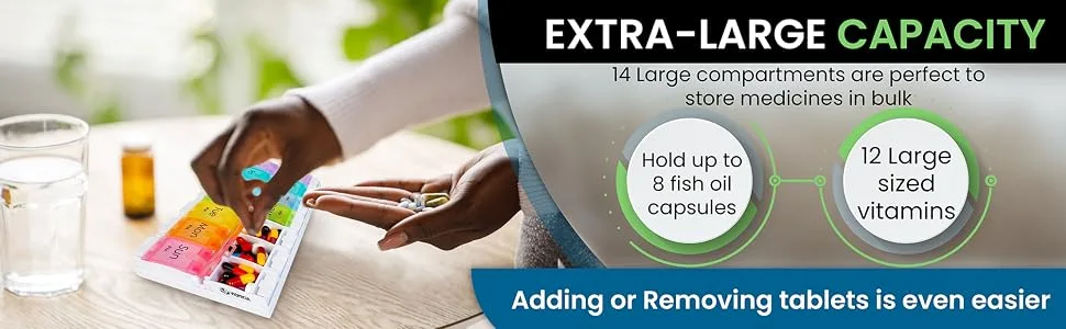 Viomicia Pill Box 7 Day 2 Times a Easy to Open Organiser with Push Button Pop Design Medicine Storage Large 14 Compartments Tablet Hold Vitamins and Medication - Extra Large Capacity