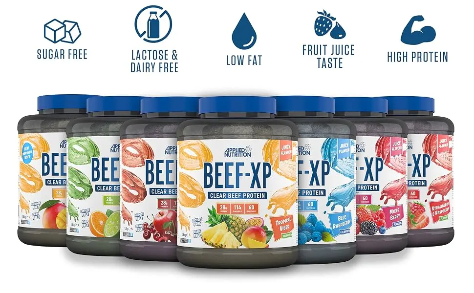 Applied Nutrition Beef XP - Clear Hydrolysed Beef Protein Isolate Fruit Juice Style Dairy Free Beef Protein Powder Lactose Free Zero Sugar Low Fat 1.8kg - 60 Servings (Orange & Mango) - Beef A+2