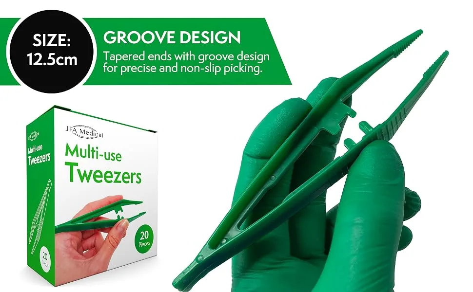 JFA Medical First Aid Disposable Plastic Tweezers 12.5cm - Box of 20 - Groove Design
