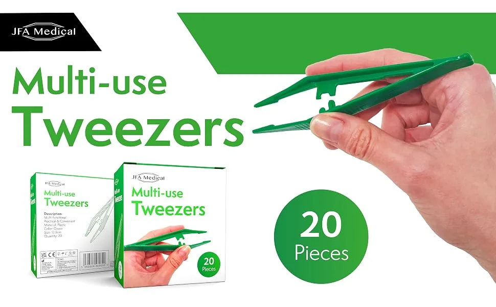 JFA Medical First Aid Disposable Plastic Tweezers 12.5cm - Box of 20 - Multi-use Tweezers