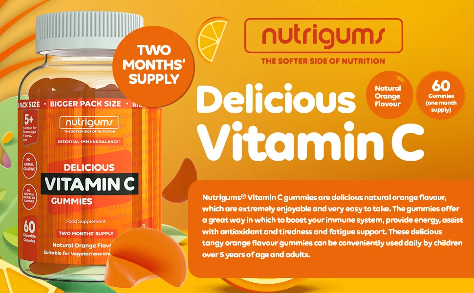 Vitamin C 80mg Gummy | Orange Flavour | 60 Vegan Gummies | Immune Energy & Collagen Formation Support by NUTRIGUMS  - product information 1
