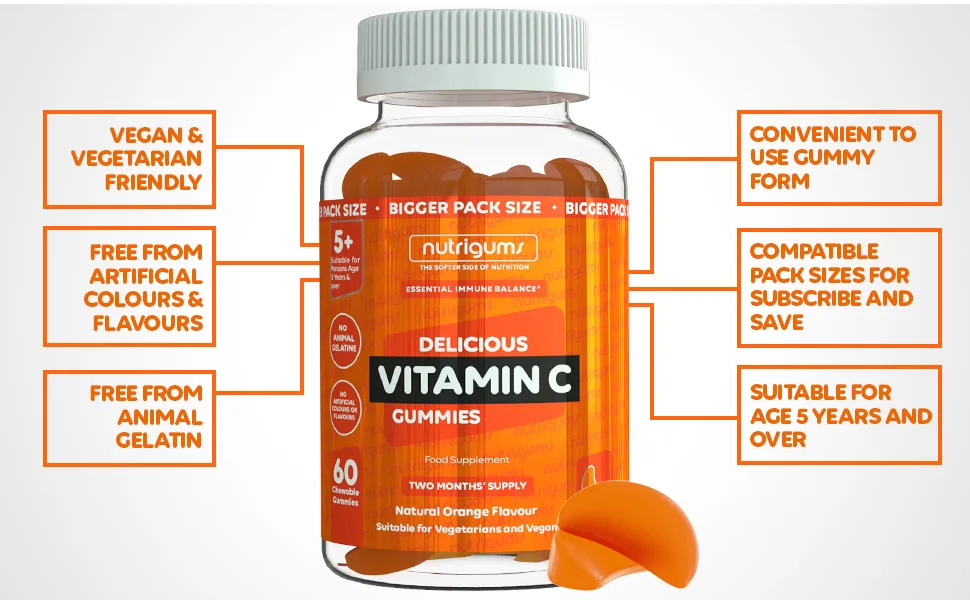 Vitamin C 80mg Gummy | Orange Flavour | 60 Vegan Gummies | Immune Energy & Collagen Formation Support by NUTRIGUMS  - product information 3