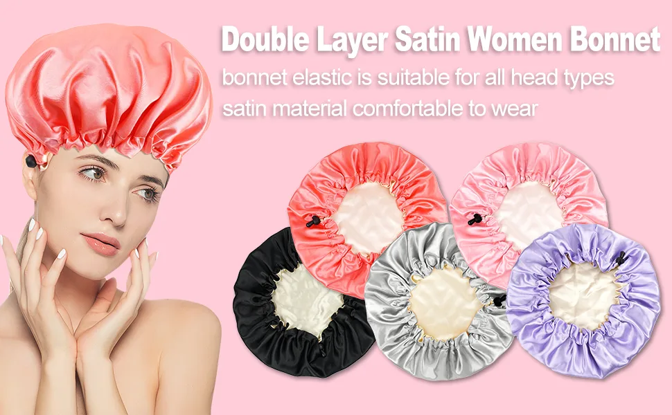 2PCS Satin Sleep Cap Adjustable Double-Sided Sleep Bonnet Bonnet Cap for Sleep (1 BLACK+ 1 PINK) M-XL 1 BLACK+ 1 PINK - Satin Sleep Cap