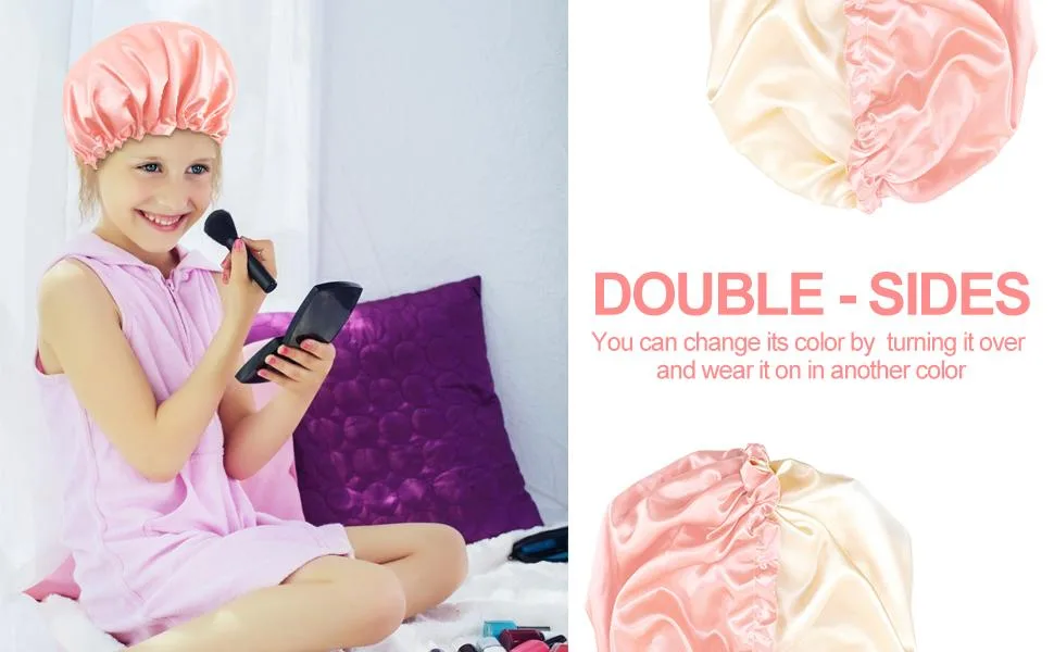 2PCS Satin Sleep Cap Adjustable Double-Sided Sleep Bonnet Bonnet Cap for Sleep (1 BLACK+ 1 PINK) M-XL 1 BLACK+ 1 PINK - Silk Bonnet with Premium Quality