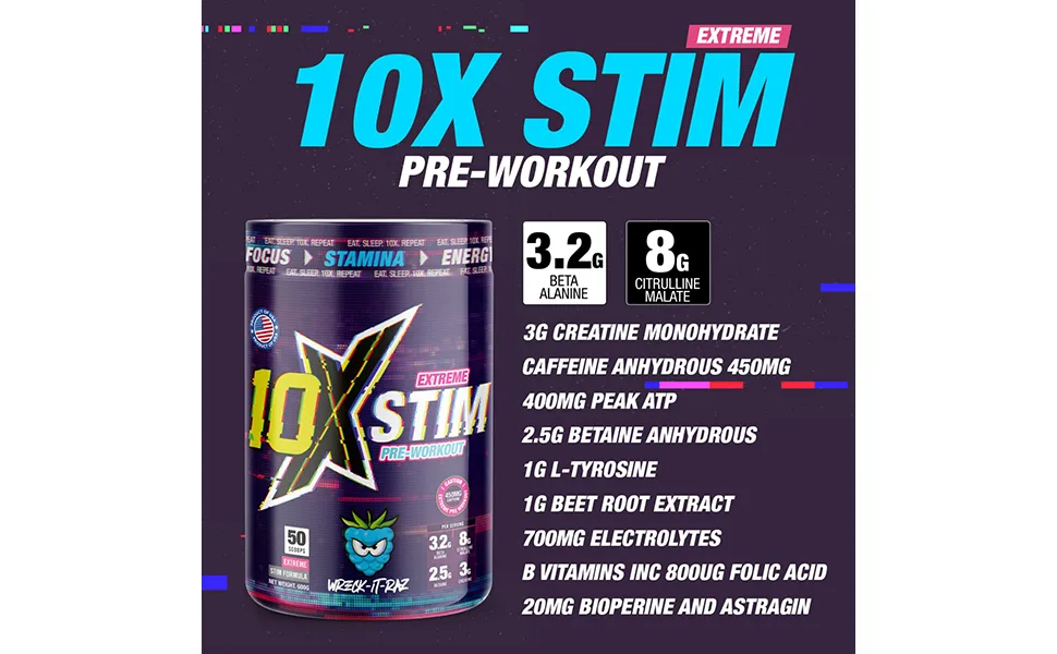 10X Athletic Stim Pre Workout Beta Alanine High Caffeine Creatine Sugar Free Vegan Low Calorie Various Flavours 600g 23/50 Servings (Apple Attack) - 10X Stim