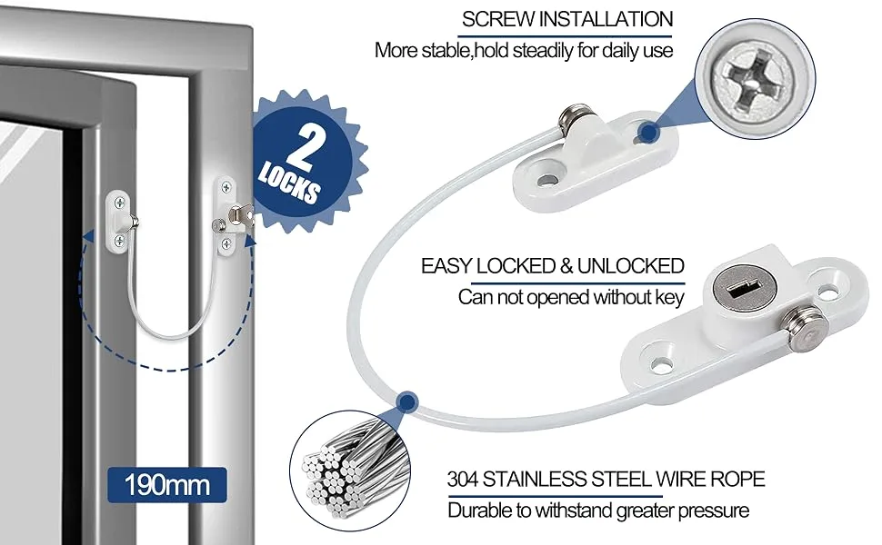Xelparuc Window Restrictor Locks 2Pcs Professional UPVC Window Restrictor Locks Child Baby Safety Security Wire Catch with Screw Keys Safety - product information 3