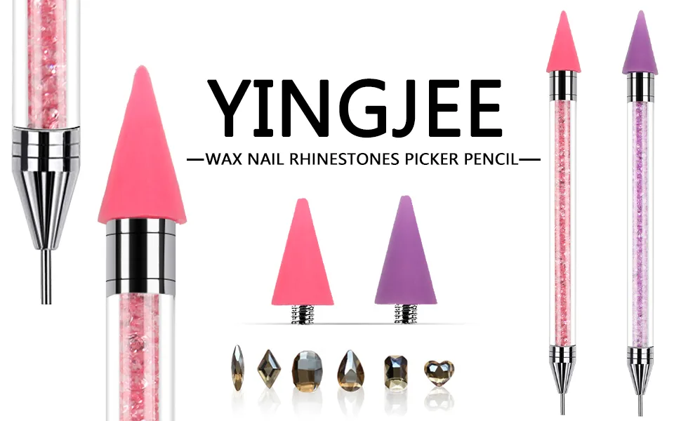 YINGJEE 2PCS Rhinestone Picker Pen With 2 Replaceable Wax Heads Dual-ended Nail Art Dotting Pen Acrylic Handle Manicure DIY Diamond Painting Tools(Pink Purple) 01 - rhinestone picker