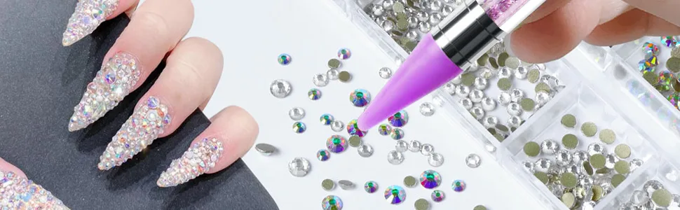 YINGJEE 2PCS Rhinestone Picker Pen With 2 Replaceable Wax Heads Dual-ended Nail Art Dotting Pen Acrylic Handle Manicure DIY Diamond Painting Tools(Pink Purple) 01 - wax nail rhinestones picker