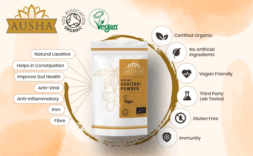 Ausha Organic Haritaki Powder 200g | Terminalia Chebula l Constipation Relief Detox| Certified Organic  - Haritaki powder