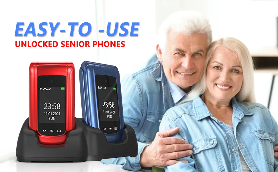 CHAKEYAKE 2G Flip Phones Unlocked Sim Free Mobile Phone for Elderly Easy-to-Use Senior phone with Large Button SOS Button and Charging Cradle (Blue) - flip phone