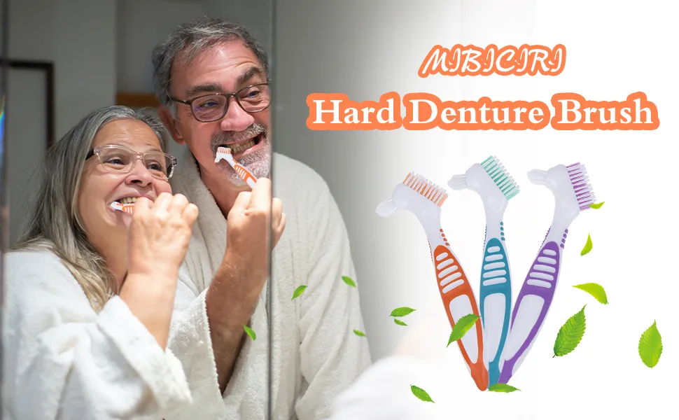 3 Pieces Hard Denture Brush Double Bristle Head Denture Cleaning Brush Set for False Teeth Cleaning (Mixed Colours) - Hard Denture Brush