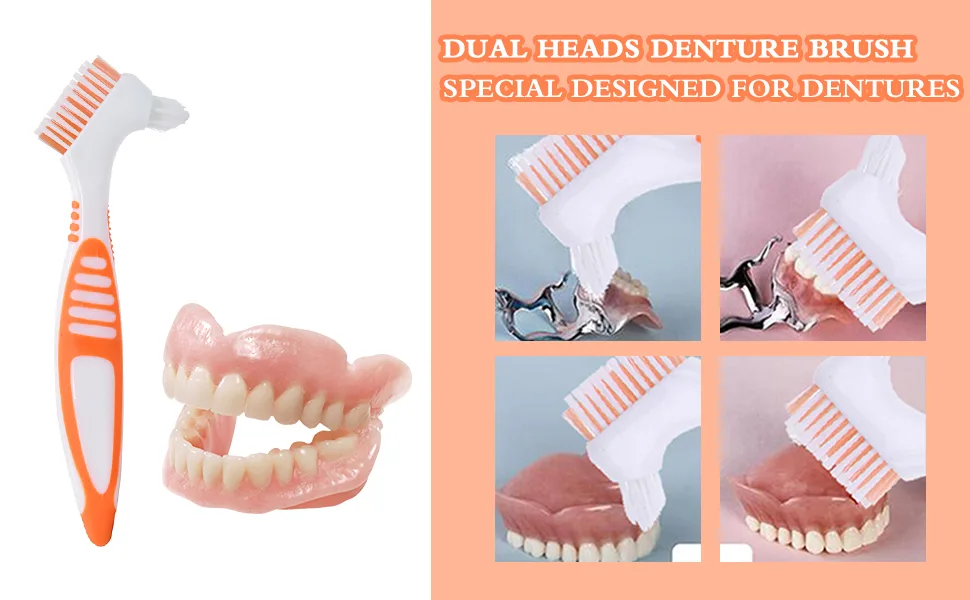 3 Pieces Hard Denture Brush Double Bristle Head Denture Cleaning Brush Set for False Teeth Cleaning (Mixed Colours) - Hard Denture Brush