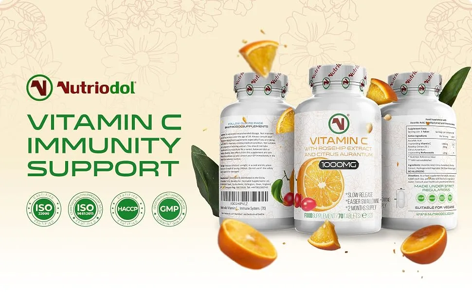 Nutriodol Vitamin C with Rosehip & Bioflavonoids Tablets x 70 | 1000mg Easy to Swallow Tablets | Slow Release | Contributes to The Normal Function of The Immune System. 70 x Vitamin C Tablets - Slow Release Vitamin C Tablets - lot of fruit with oranges Vitamin C