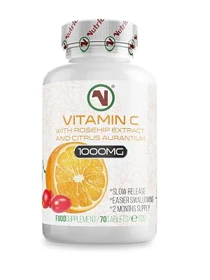 Nutriodol Vitamin C with Rosehip & Bioflavonoids Tablets x 70 | 1000mg Easy to Swallow Tablets | Slow Release | Contributes to The Normal Function of The Immune System. 70 x Vitamin C Tablets - Slow Release Vitamin C Tablets - lot of fruit with oranges Vitamin C