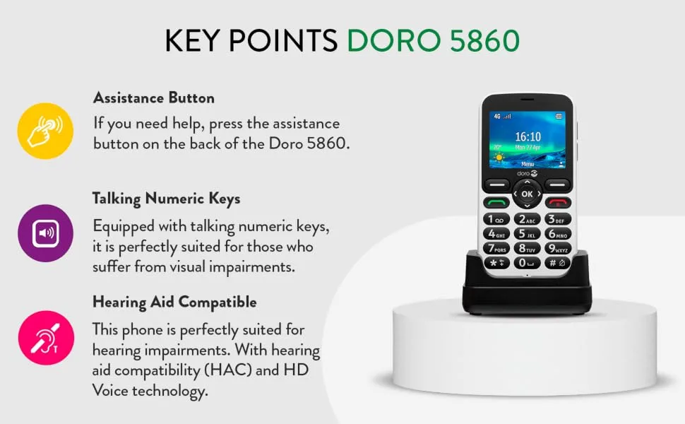 Doro 5860 4G Unlocked Mobile Phone for Seniors with Talking Number Keys 2MP Camera Assistance Button and Charging Cradle UK and Irish Version (Graphite) - DORO 5860
