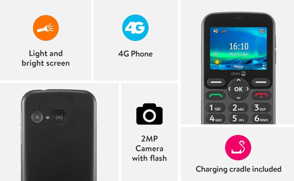 Doro 5860 4G Unlocked Mobile Phone for Seniors with Talking Number Keys 2MP Camera Assistance Button and Charging Cradle UK and Irish Version (Graphite) - DORO 5860