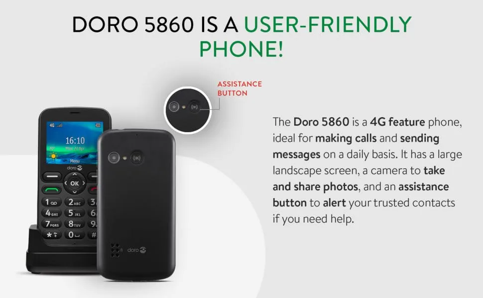 Doro 5860 4G Unlocked Mobile Phone for Seniors with Talking Number Keys 2MP Camera Assistance Button and Charging Cradle UK and Irish Version (Graphite) - DORO 5860
