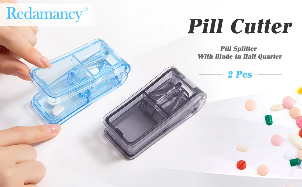Redamancy Pill Cutter 2 Pcs Pill Crusher Pill Splitter with Blade in Half Quarter with Storage Compartment Pill Cutters for Tablets for Small Pills Large Pills Cut in Half (Blue+Black) - product information 1