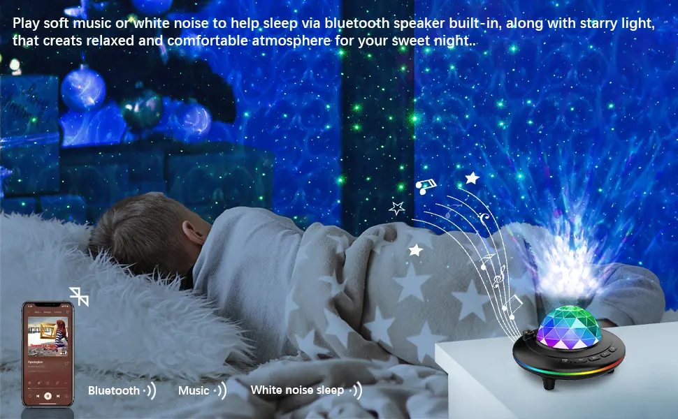 Mycket Star Projector Galaxy Projector Light Ocean Wave LED Lamp Night Light Projector with Remote 360 Rotating Sleep Soothing Colors Changing Music Bluetooth Speaker Timer for Kids Black - starry light