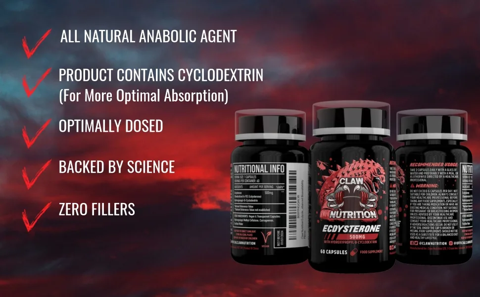Claw Nutrition Ecdysterone 1000mg Per Serving Complexed with Hydroxypropyl- -Cyclodextrin - 90 Capsules - Maximum Strength - Vegan Capsules - Ecdy 4