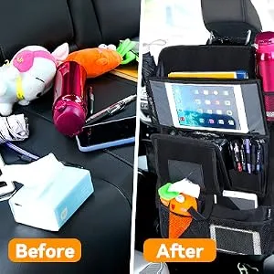 Tsumbay Car Organizer Backseat 14 Pockets Backseat Organizer for Kids with Touch Screen Tablet Holder Kick Mat Back Seat Protector with Tissue Holder & Trash Can Road Trip Essentials Kids - product information 3