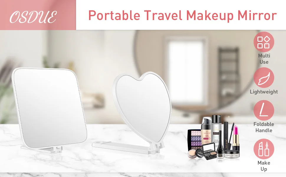 OSDUE Portable Travel Makeup Mirror Compact Mirror and Hand Mirror Dual Purpose with Comfy Handle for Barber Shops Dental Offices and Make Up Application (Square-shaped) - product information 1