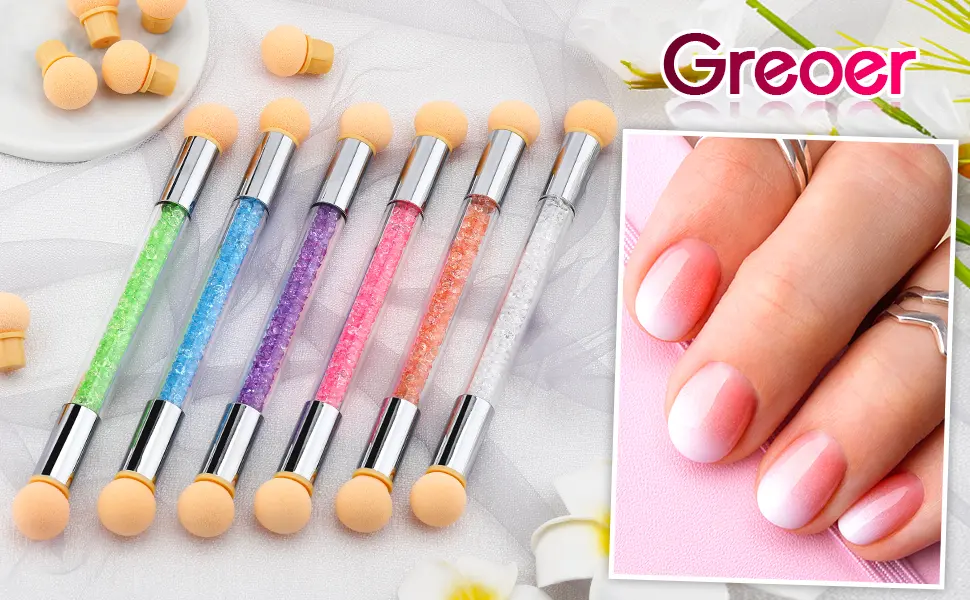 Greoer Nail Art Sponge Brush Applicator with 4 Pieces Replacement Head Double Head Acrylic Nails Ombre Sponge Nail Design Accessories for UV Gel and False Nail Art Rendering Tools (Pink) - product information 1