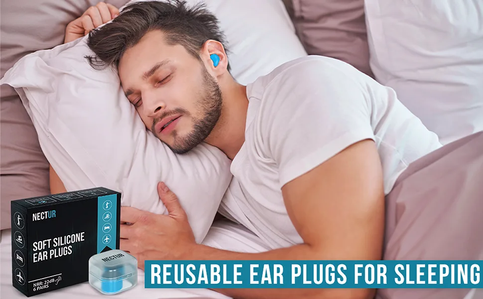 NECTUR 7 Pair Reusable Ear Plugs for Sleeping 22 DB NRR Noise Cancelling Soft Silicone Earbuds Waterproof & Wax Moldable Earplugs for Ease in Work Concerts Swimming & Mowing (Light Blue) - Reusable Ear Plugs for Sleeping