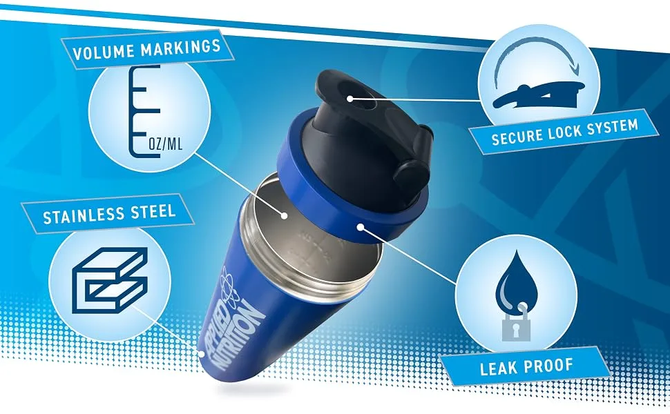 Applied Nutrition Bundle Metal Protein Shaker + 5 Sample Bundle - Sports Supplements Stainless Steel Shaker Metal Shaker Bottle Durable & Lightweight (750ml) Shaker + Samples - Steel-Shaker---A+-Content-2