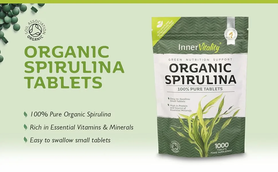 Organic Spirulina Tablets 1000 Easy to Swallow Tablets - 100% Pure Certified Organic Tablets Rich in Essential Vitamins & Minerals by Inner Vitality - Organic spirulina tablets