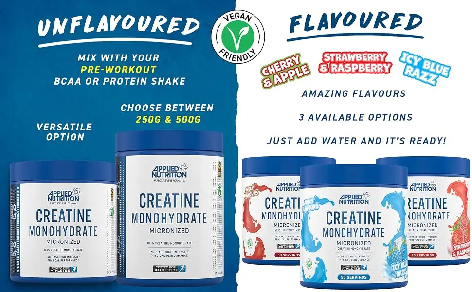 Applied Nutrition Creatine Flavoured - Creatine Monohydrate Micronized Powder with Flavour Increases High-Intensity Physical Performance (250g - 50 Servings) (Strawberry & Raspberry) Strawberry & Raspberry 50 Servings (Pack of 1) - Creatine A+4