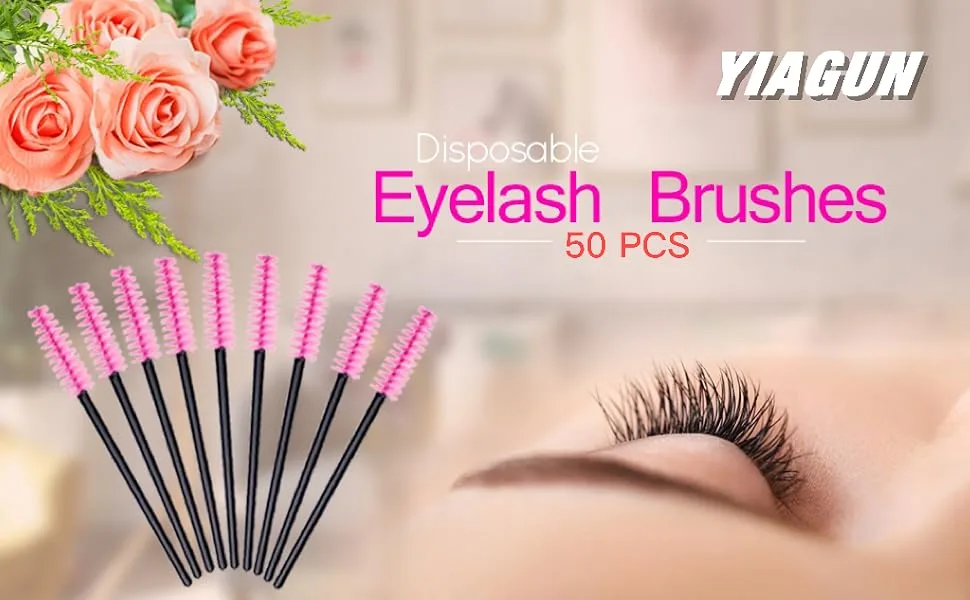 YIAGUN 50pcs Rose disposable mascara brush eye black stick eyebrow castor oil brush makeup tool (rose pink) - product information 1