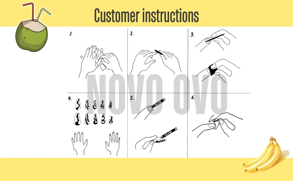 NOVO OVO Medium Square Black Solid Color with Sparkle Thick False Fake Press on Nails FEIJOADA Glossy Stick on Acrylic Kit with Glue for Spring Summer Halloween - how to use