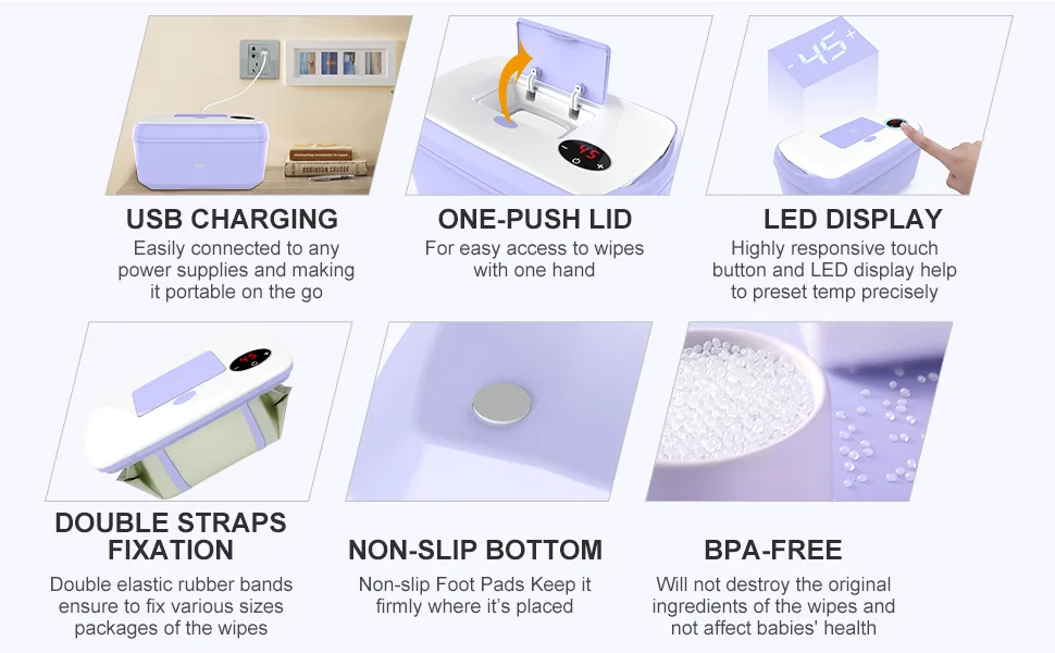 Baby Wet Wipes Warmer and Dispenser with USB Adapter & LCD Display Portable Infant Wet Tissue Storage Box Purple - product information 3