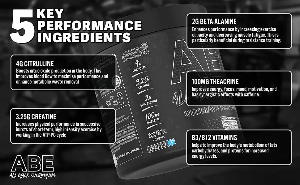 Applied Nutrition Bundle ABE Pre Workout 375g + JUG 2.5 LT Matt Black | All Black Everything Pre Workout Powder Energy & Physical Performance with Creatine Beta Alanine (Sour Apple) - ABE Ingredients