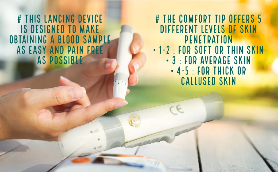 One Step Lancing Device Five Comfort Settings Suitable for Diabetics Fits Most Universal Lancets - Lancing Device Descripition
