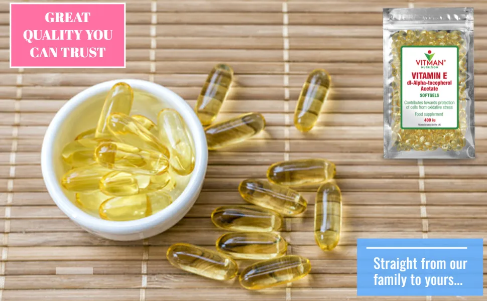 VitMan's Premium Range Vitamin E 400iu 180 Bottled Softgels - Natural Antioxidant Source Vitamin E Supplement D-Alpha Tocopherol High Potency and Absorption (180) - VITAMIN E CAPSULES QUALITY YOU CAN TRUST CAPTION