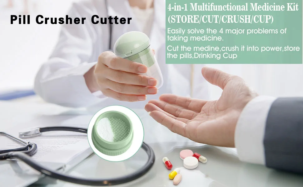 Tablet Crusher Pill Cutter for Small Pills Tablet Cutter Pill Splitter Grinder for Small Tablets UK Stainless Steel Blade Two Built-in Pill Box Removable Drinking Cup (Pink) - product information 1