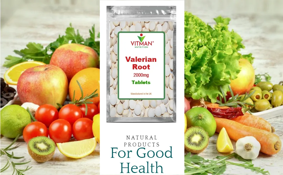 Valerian Root 60 Tablets - Natural Relief of Sleep disturbances - Restores Normal Sleep Pattern - Vegan Safe (60) - Valerian pack next to fruit