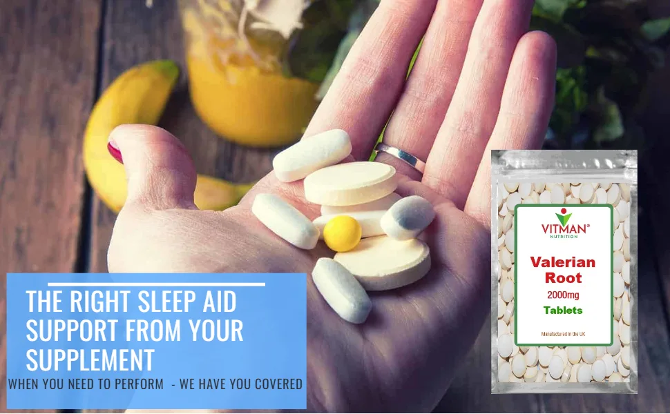 Valerian Root 60 Tablets - Natural Relief of Sleep disturbances - Restores Normal Sleep Pattern - Vegan Safe (60) - Valerian pack next to tablets on hand