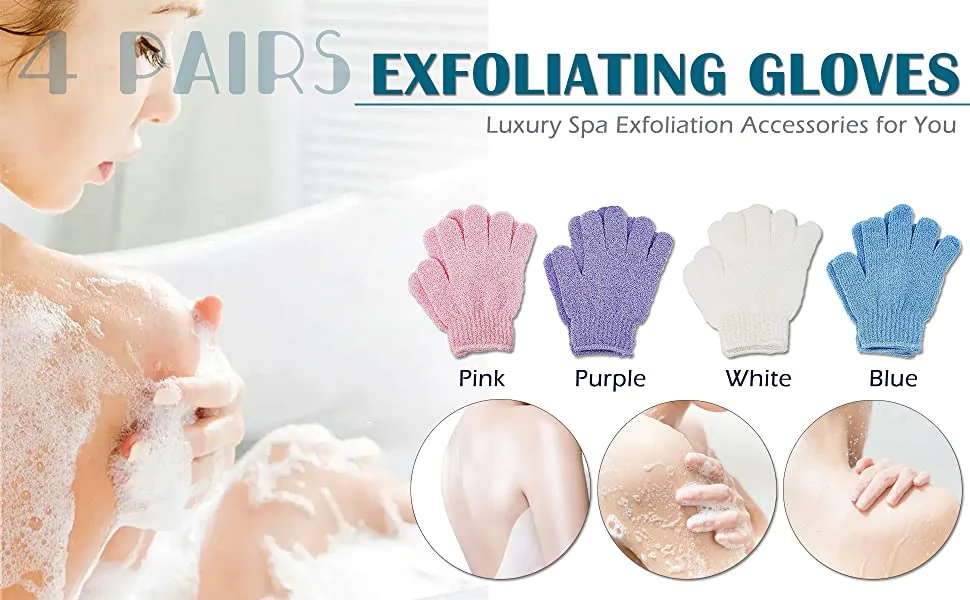 8 PCS ROTOPATA Deep Exfoliating Bath Gloves Mitt with Hanging Loop for Shower Spa Body Scrubs Dead Skin Cell Remover Bathing Accessories (8) - Exfoliating Gloves