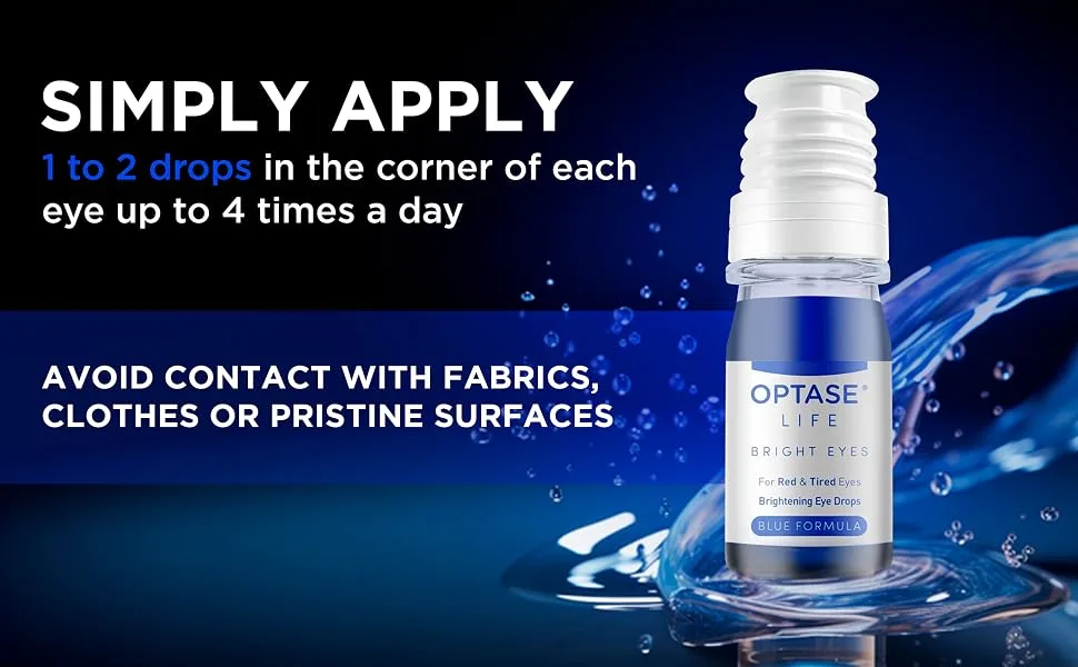 Optase Life Bright Eyes - Brightening Eye Drops for Irritated Red and Tired Eyes - Image displaying Optase Life Bright Eyes and how to use