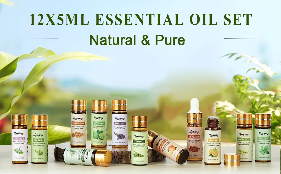 Hyppry Natural Essential Oils for Diffuser for Home 12 x 5ml - Tea Tree Lavender Peppermint Sweet Orange Bergamot Lemongrass Eucalyptus Rosemary Frankincense Lemon Patchouli Cinnamon - product information 1