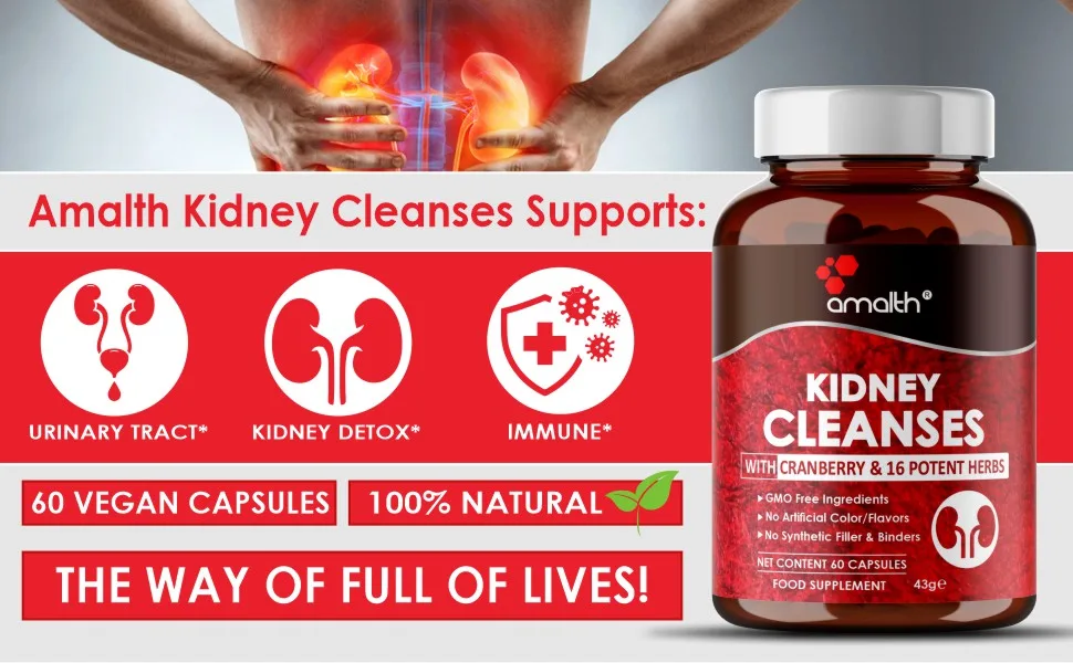 Kidney Cleanse Supplements Kidney Support Formula with Premium Cranberry Extract- Healthy Kidneys and Urinary Tract Support- Juniper Uva Ursi Nettle Leaf & More 60 Veg Caps- Amalth - for kidney